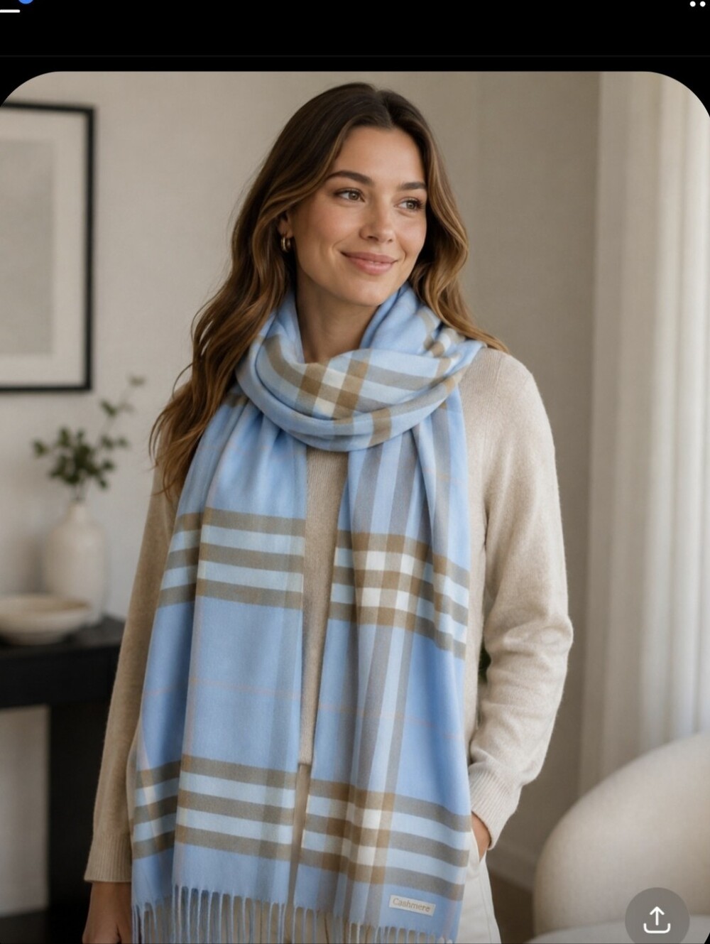 Light Blue Plaid Women's Scarf  Cashemere Blend - Classic Soft Wrap